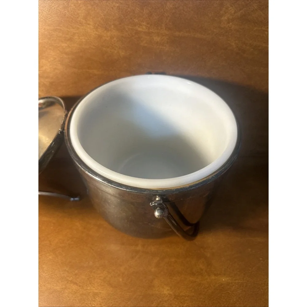 Vintage Silver Plated Mechanical Ice Bucket W Milk Glass, Swing Lid, Patina b